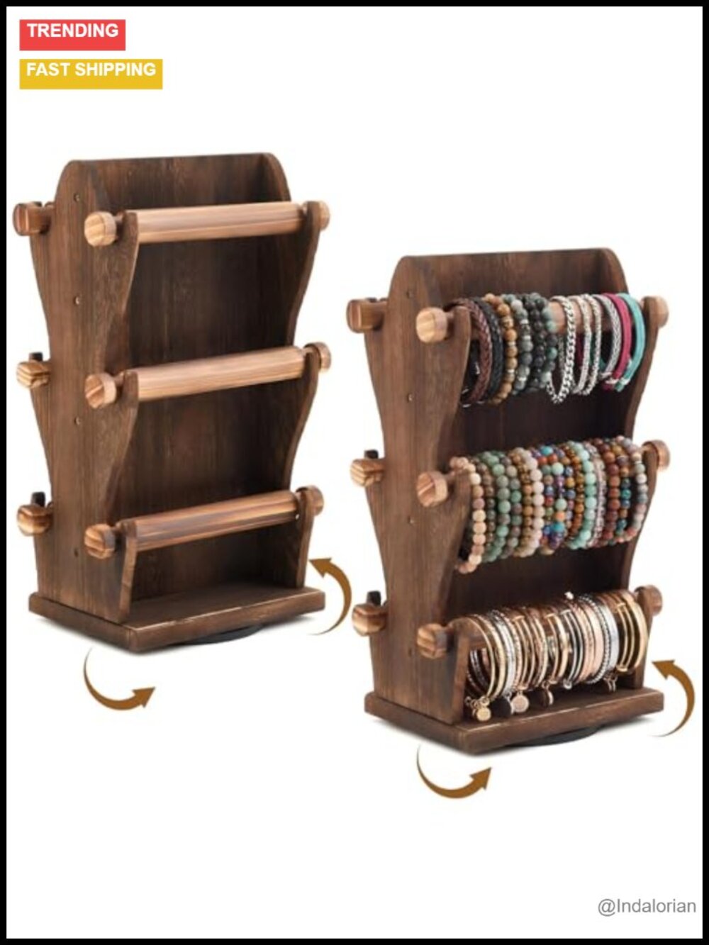 Rotating Wooden Jewelry Organizer with 6 Removable Bracelet Holders
